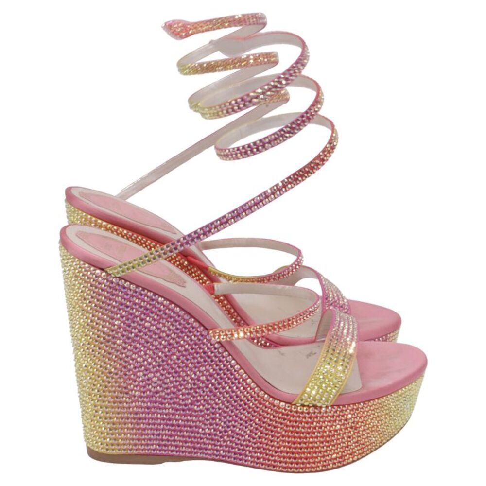 René Caovilla Cleo Tropical Wrap Wedge Sandals in Pink Sequin